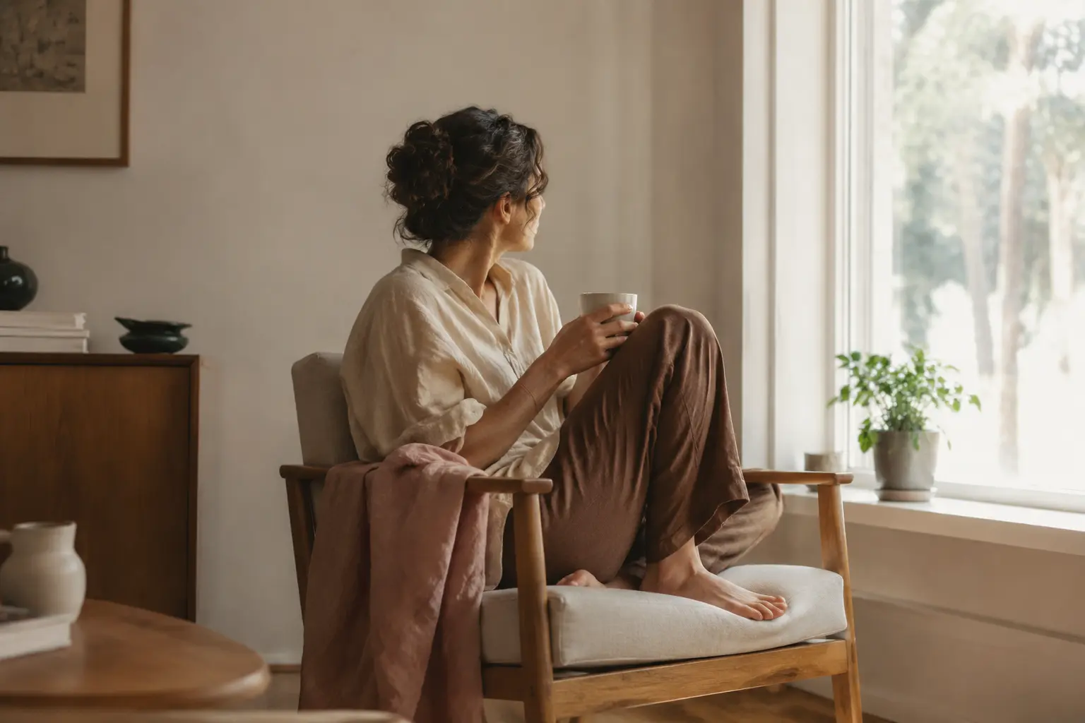 Mulher em um ambiente de casa, em um momento de pausa e presença.